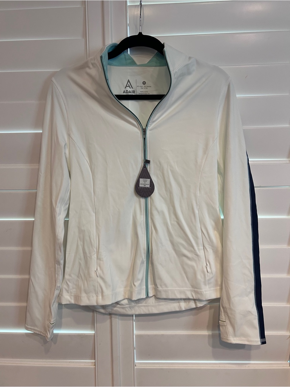 Adair White Zip-Up Utility Jacket with Navy Sleeve Stripe